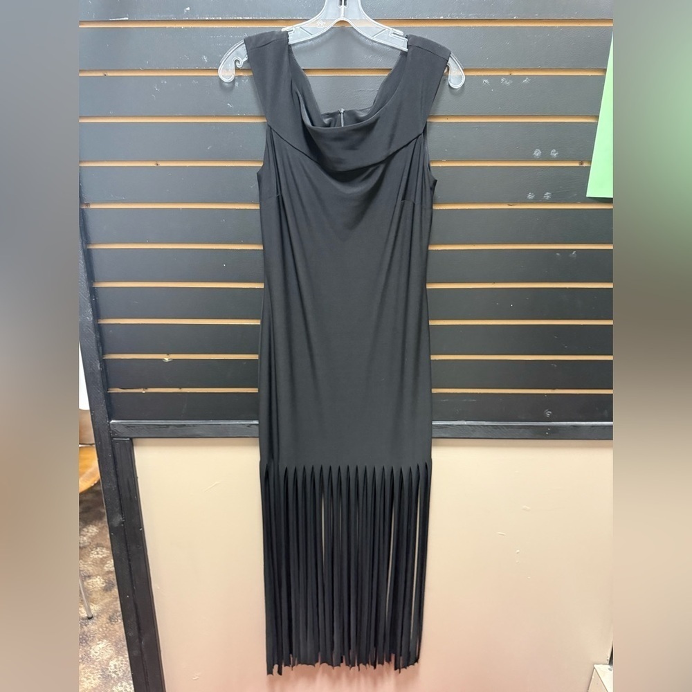 Frank Lyman Black Stretch Jersey Fringe Hem Maxi Dress Size 10